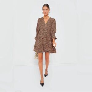 Pomander Place NEW Long Sleeve Brown Cheetah V Neck Crepe Kenzo Mini Dress XS